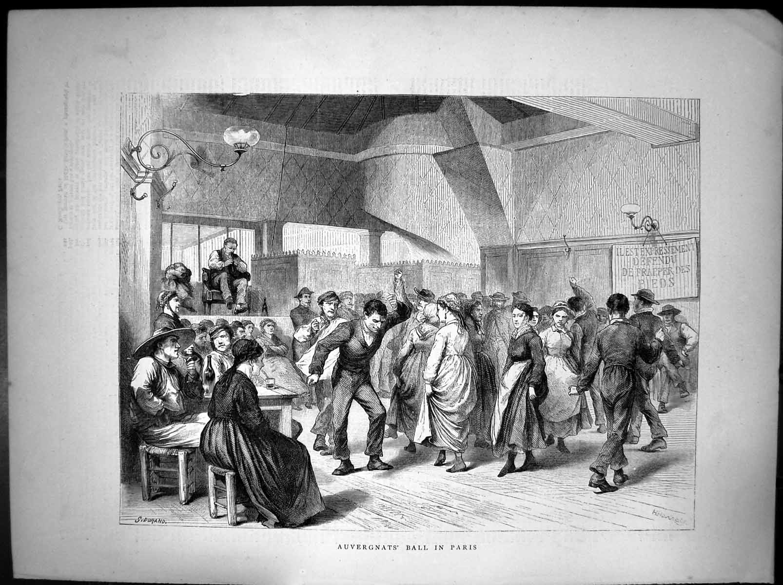 Original Old Antique Print Auvergnats Ball Paris Dancing Music 1870 Victorian