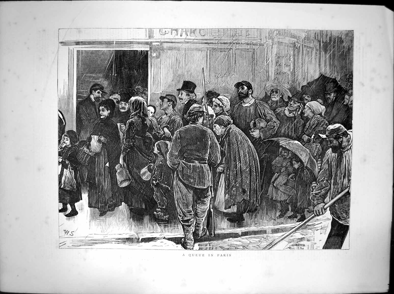 Original Old Antique Print Queue Paris Street Hing Jugs 1871 19th