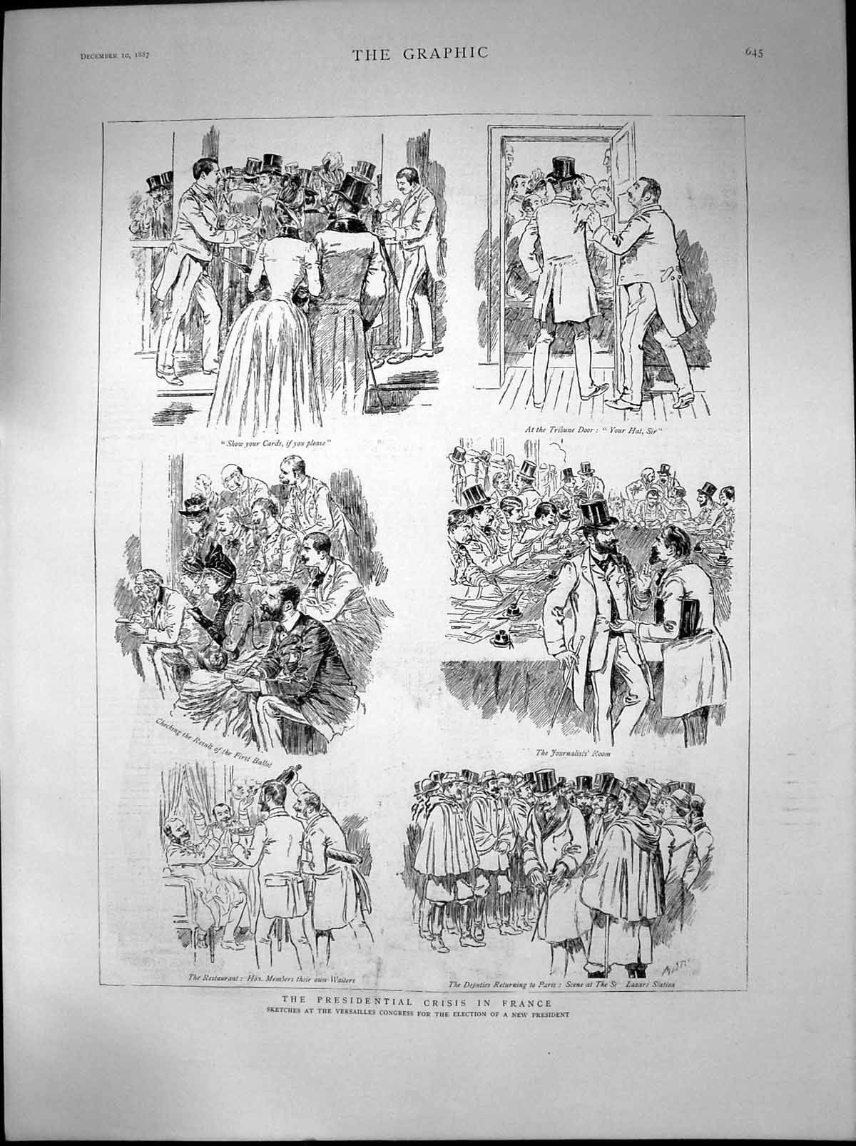 Old Antique Print Versailles Congress Election New President France 1887 19th