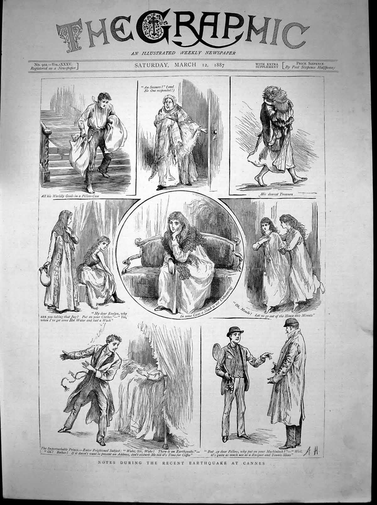 Original Old Antique Print Eartquake Cannes Imperturbable Prince Shock 1887