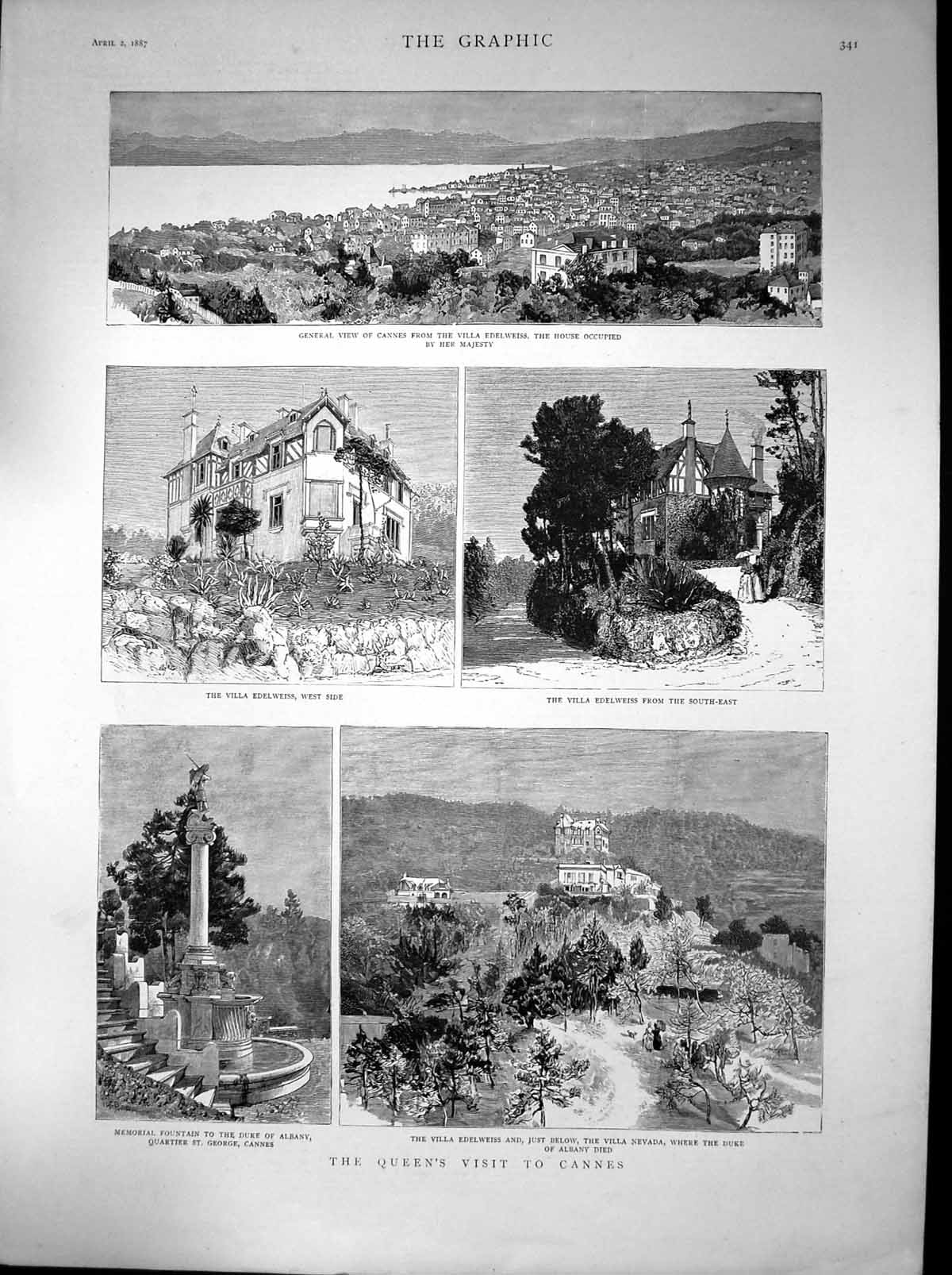 Old Antique Print Queen Visit Cannes Villa Eidelweiss Villa Nevada 1887 19th