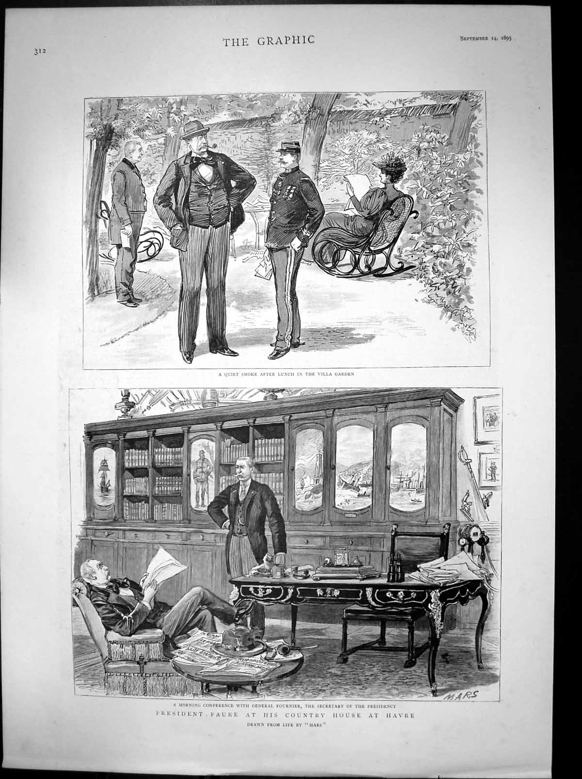 Antique Old Print President Faure Country House Havre General Fournier 1895