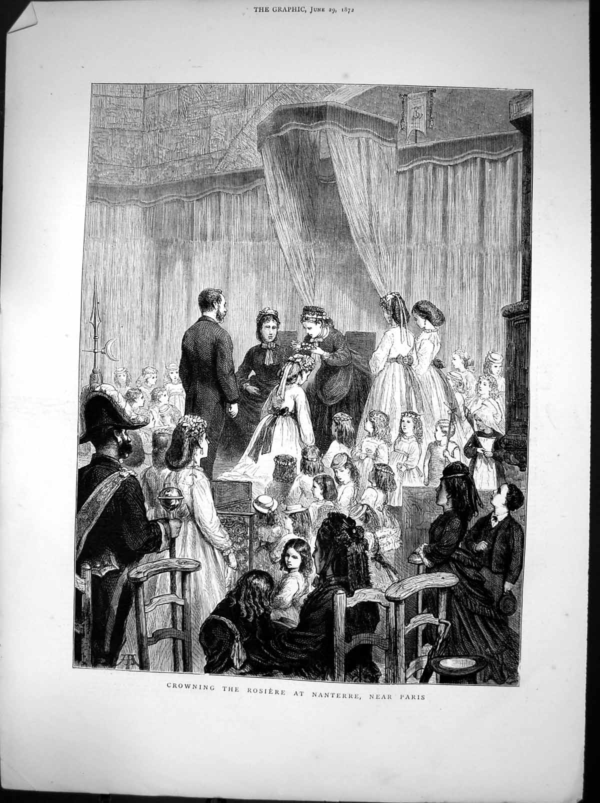 Original Old Antique Print Crowning Rosiere Nanterne Near Paris 1872 Victorian