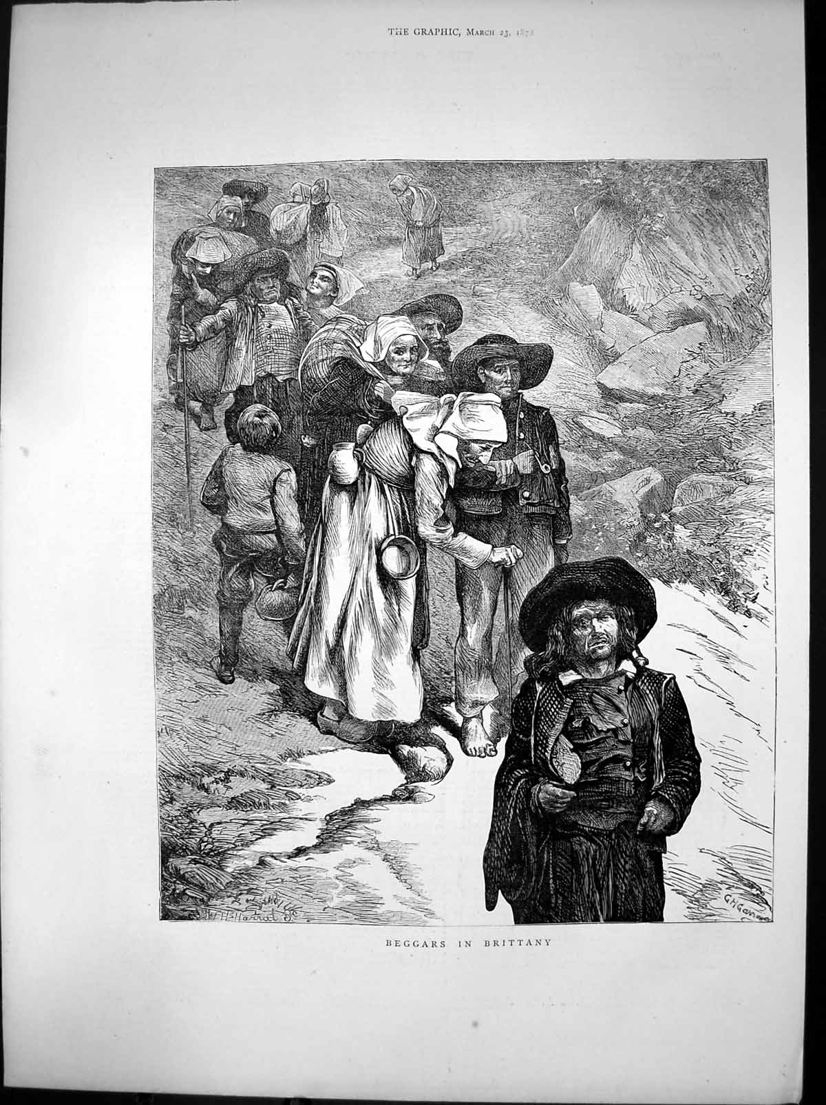 Original Old Antique Print Beggars Brittany Men Women Bare Footed 1872 19th