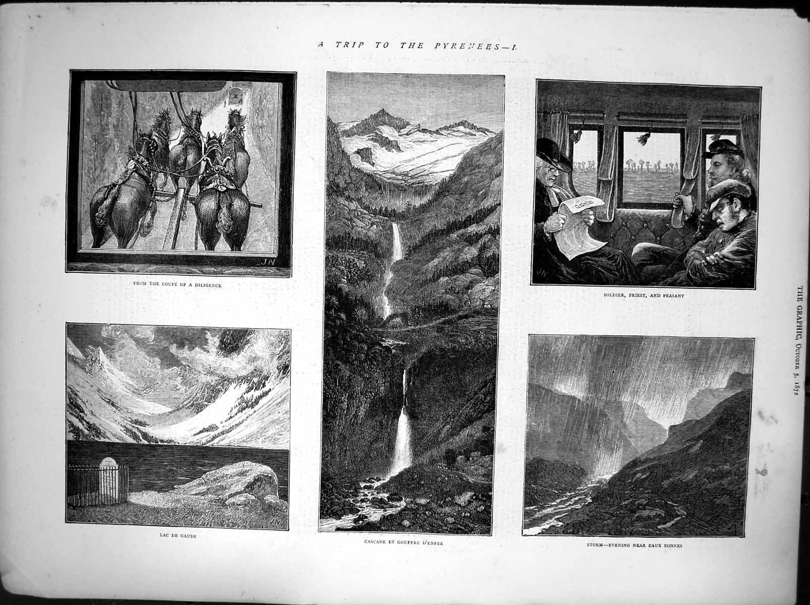 Original Old Antique Print Pyrenees Lac De Gaube Cascade Et Gouffre Denfer 1872