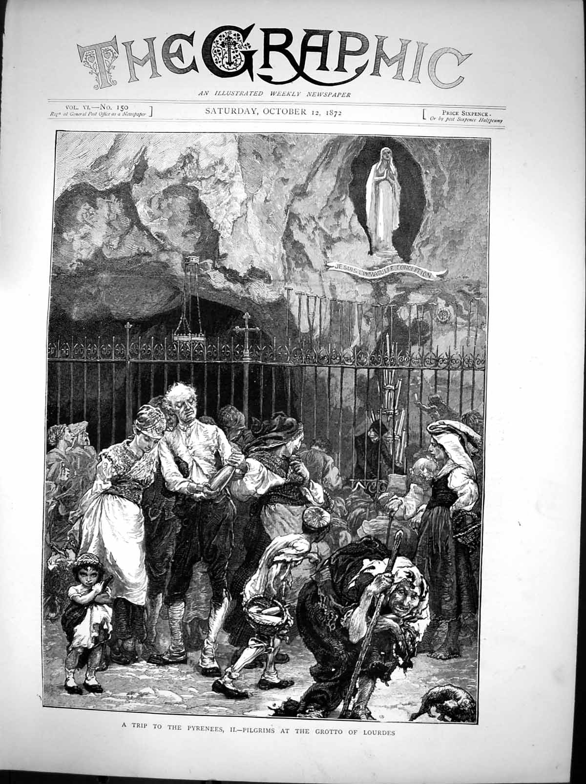 Original Old Antique Print Pyrenees Pilgrims Grotto Lourdes 1872 19th