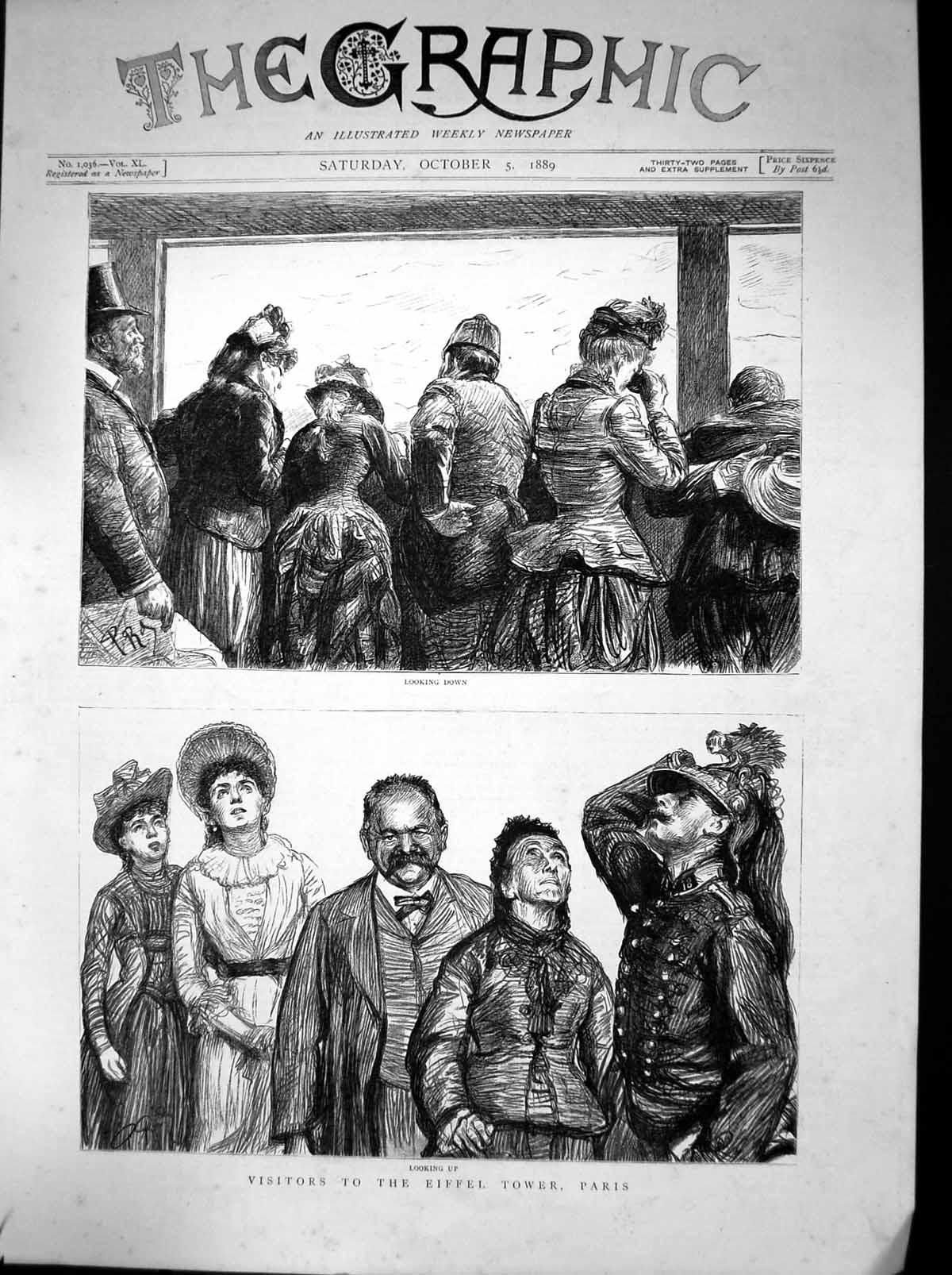 Original Old Antique Print Visitors Eiffel Tower Paris Looking Up Down 1889