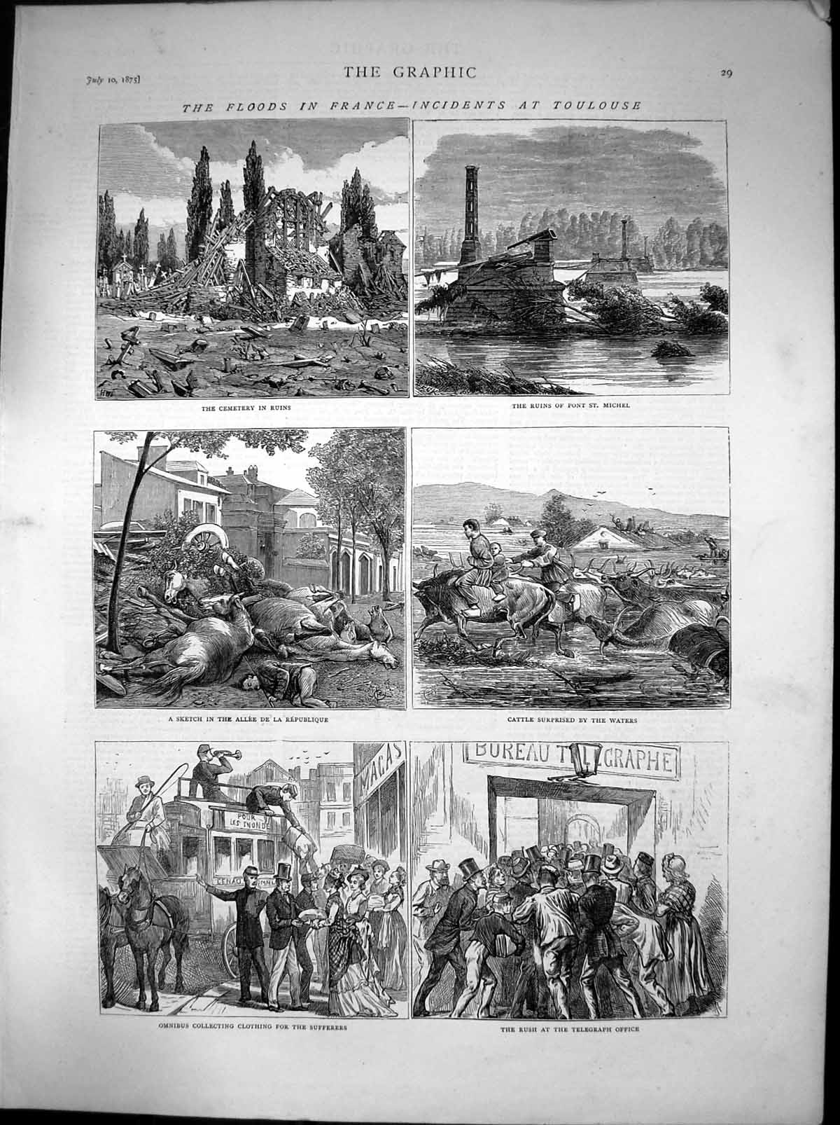 Original Old Antique Print Floods Toulouse Cemetery Ruins Pont St Michel 1875