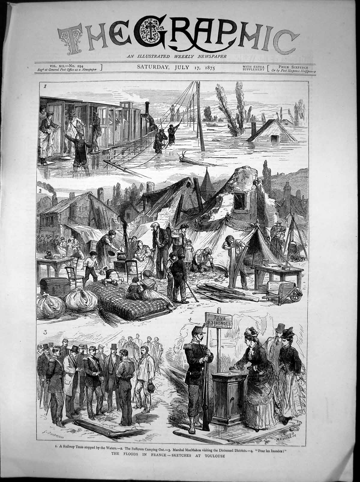 Old Antique Print Floods Toulouse Sufferers Camping Marshal Macmahon 1875 19th