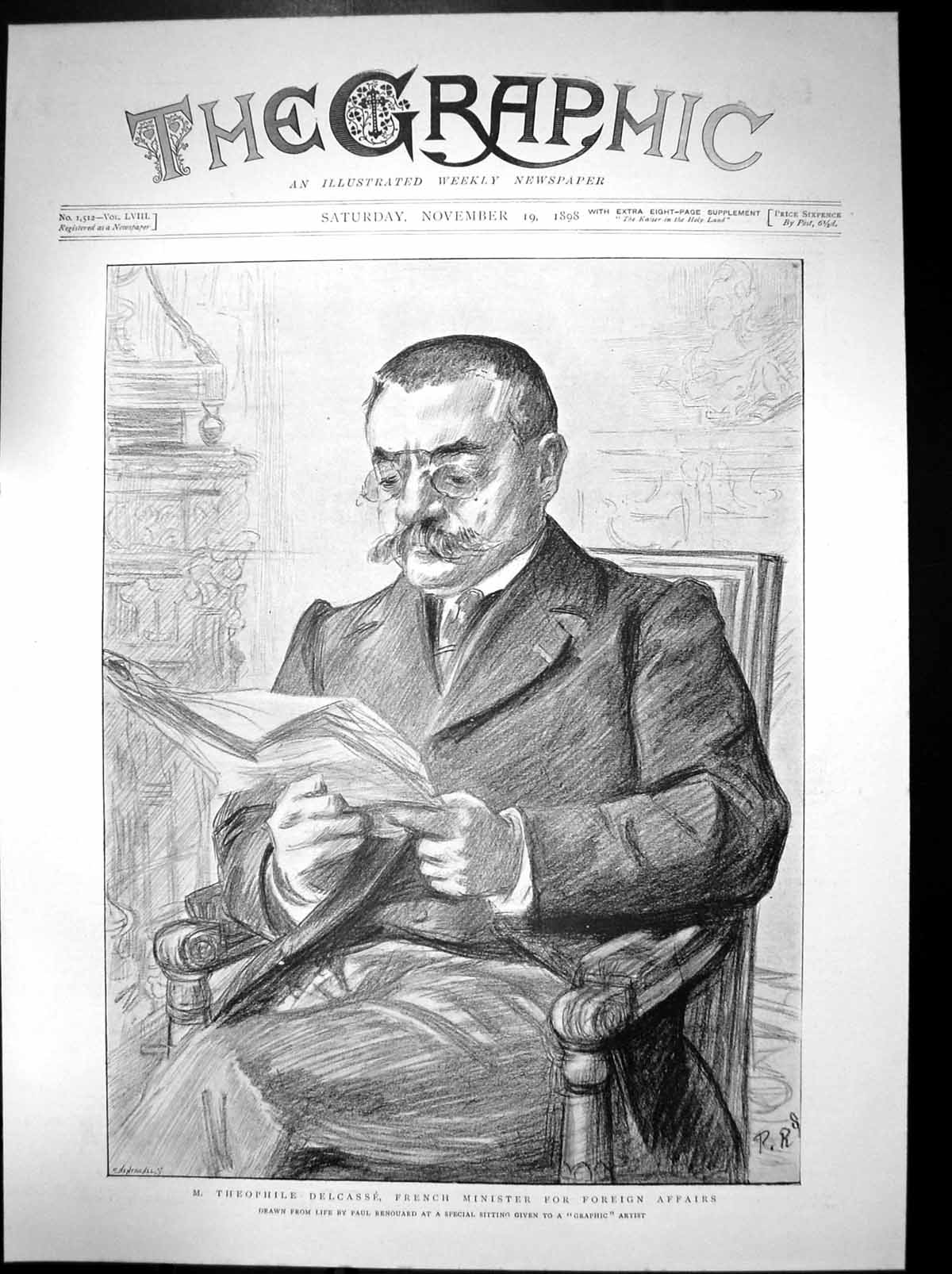 Antique Old Print M Theophile Delcasse French Minister Foreign Affairs 1898