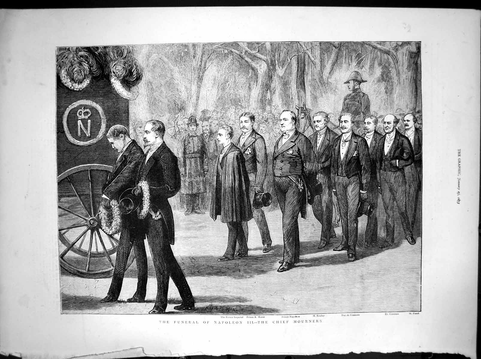 Antique Old Print Funeral Napolean 111 Chief Mourners Prince Imperial 1873