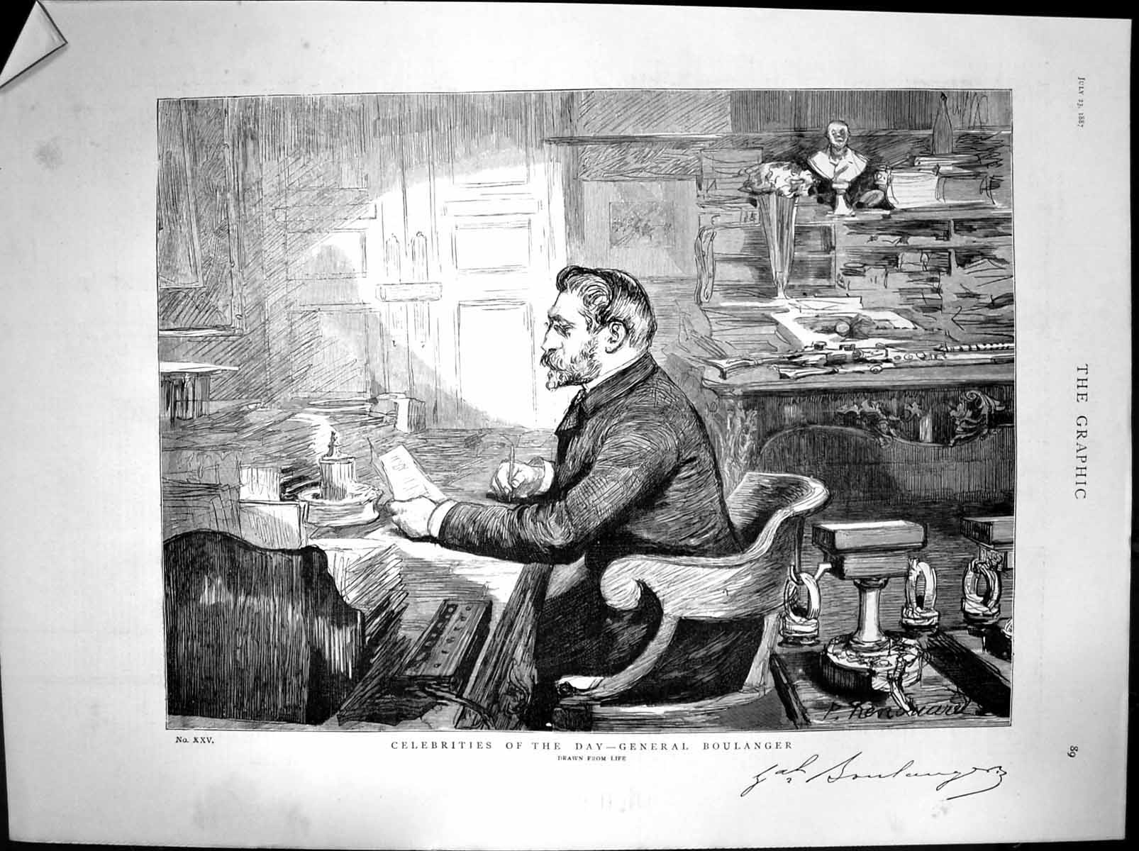 Original Old Antique Print Celebrities Day General Boulanger Writing 1887 19th