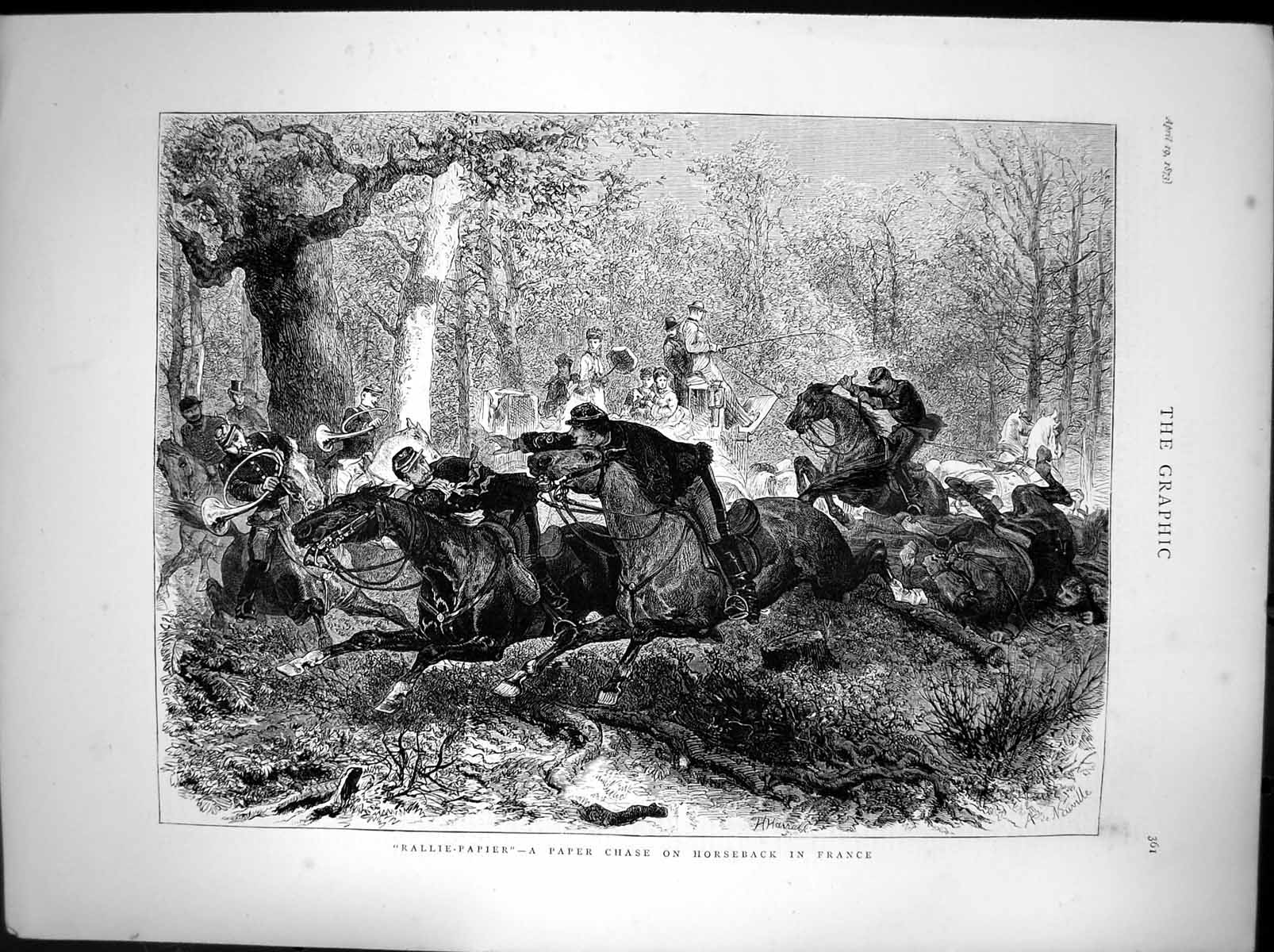 Original Old Antique Print Rallie-Papier Paper Chase Horseback France 1873 19th