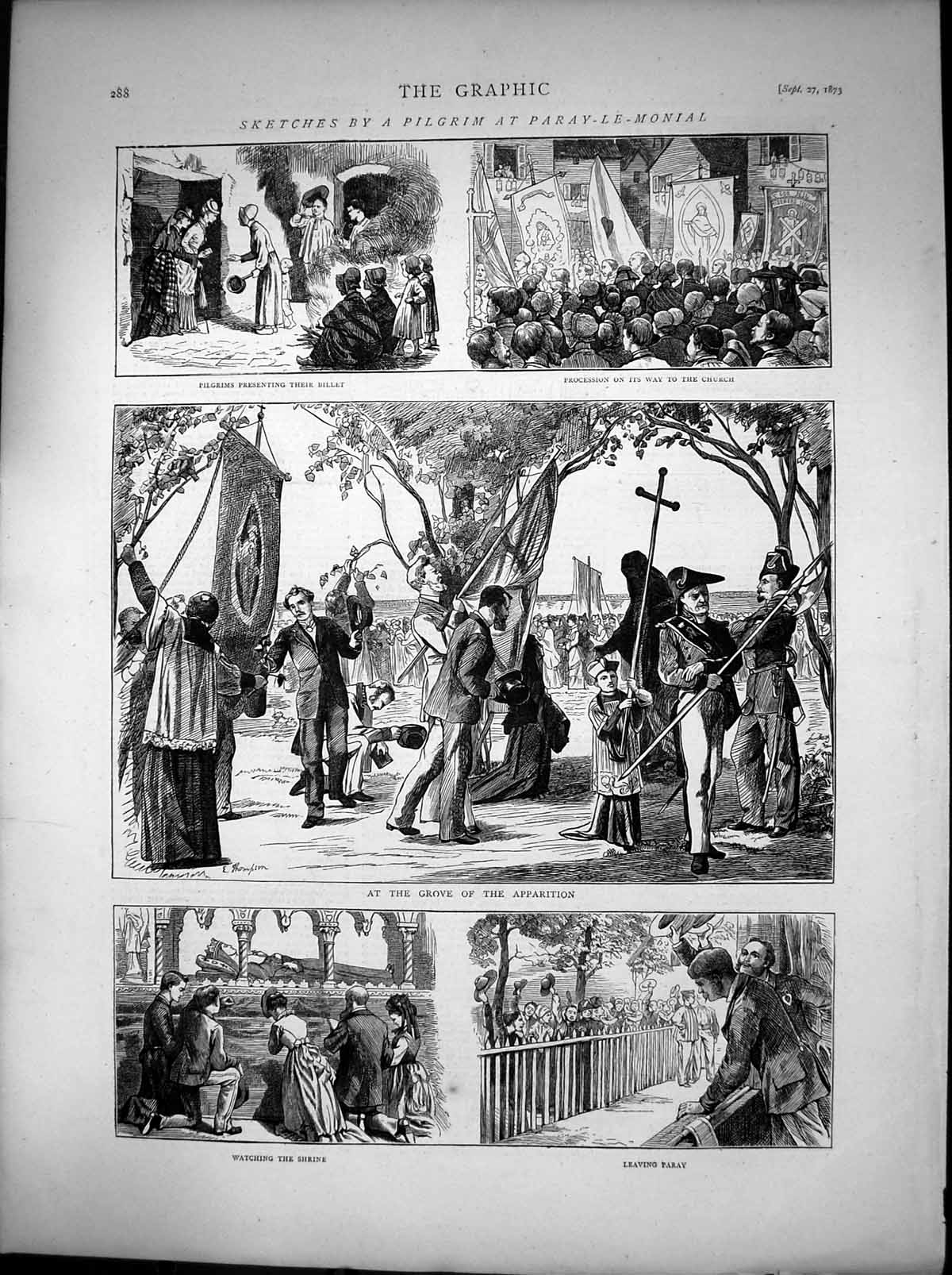 Antique Print Pilgrim Paray Le Mondial Church Shrine Grove Apparition 1873 19th