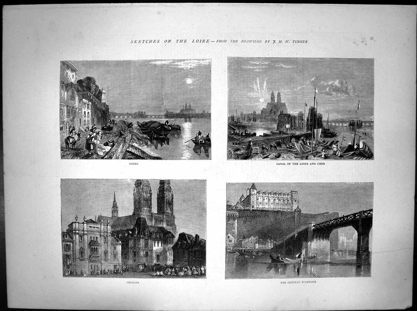 Antique Old Print Loire Tours Orleans Chateau Damboise Canal Loire Cher 1870