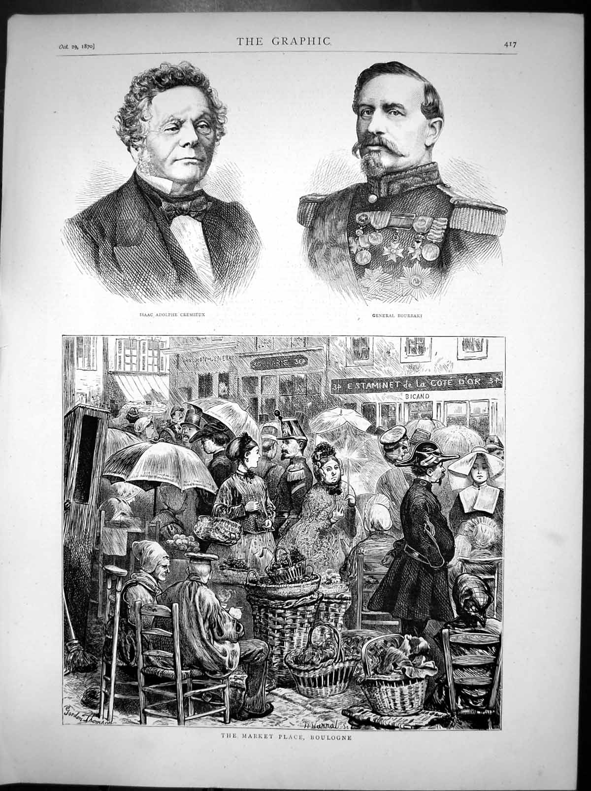 Antique Print Market Place Boulogne Gen Bourbaki Isaac Adolphe Cremieux1870