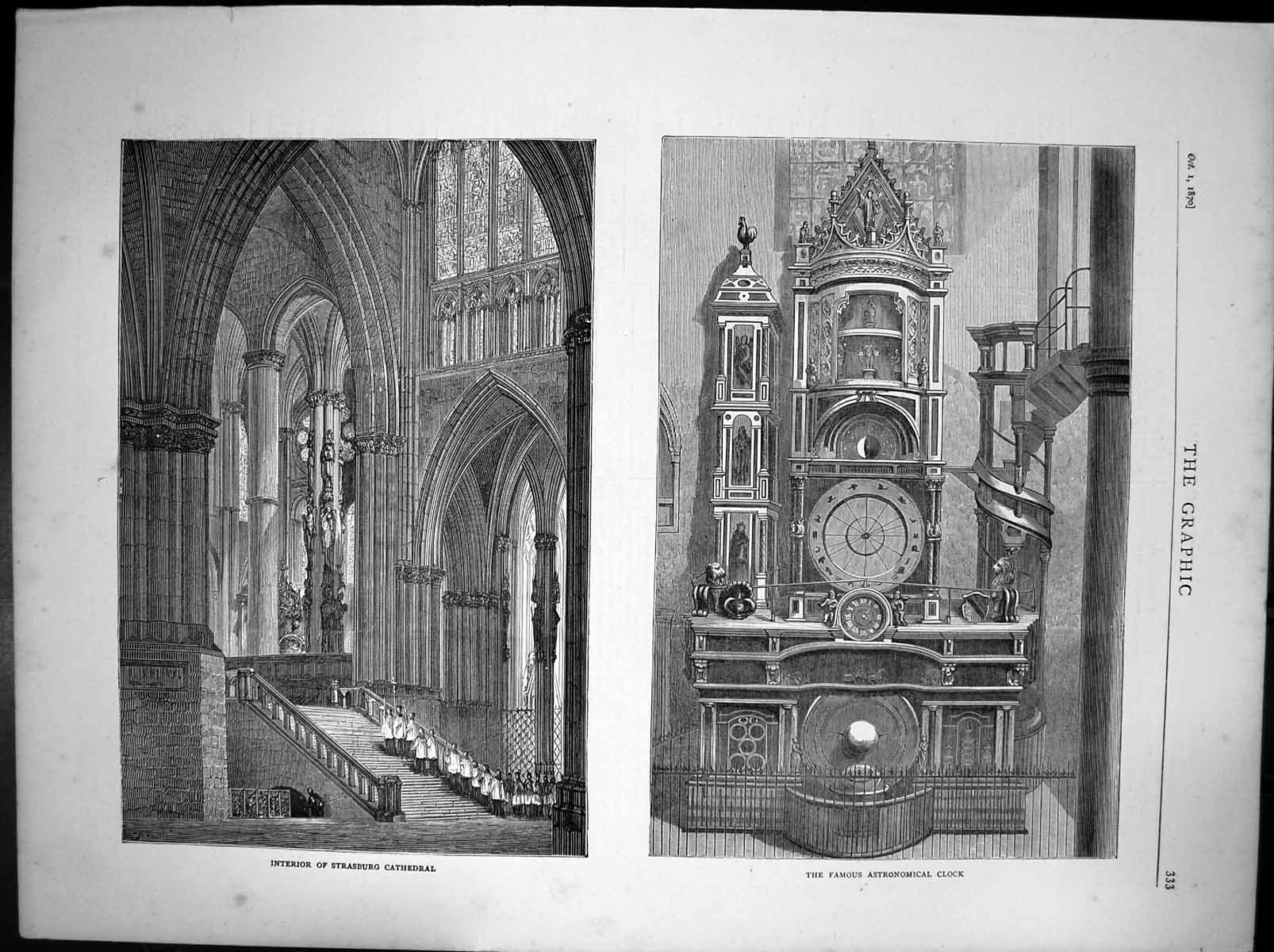Original Old Antique Print Interior Strasburg Cathedral Astronomical Clock 1870