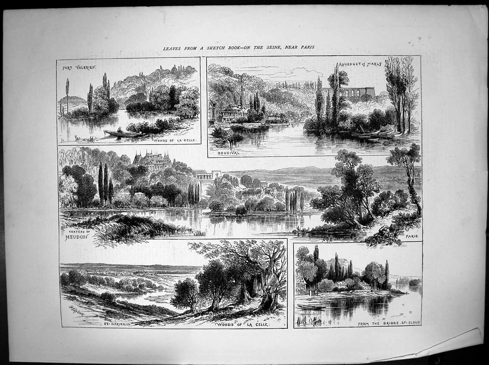 Antique Print Seine Bougival St Germain Fort Valerien Bridge St Cloud 1870 19th