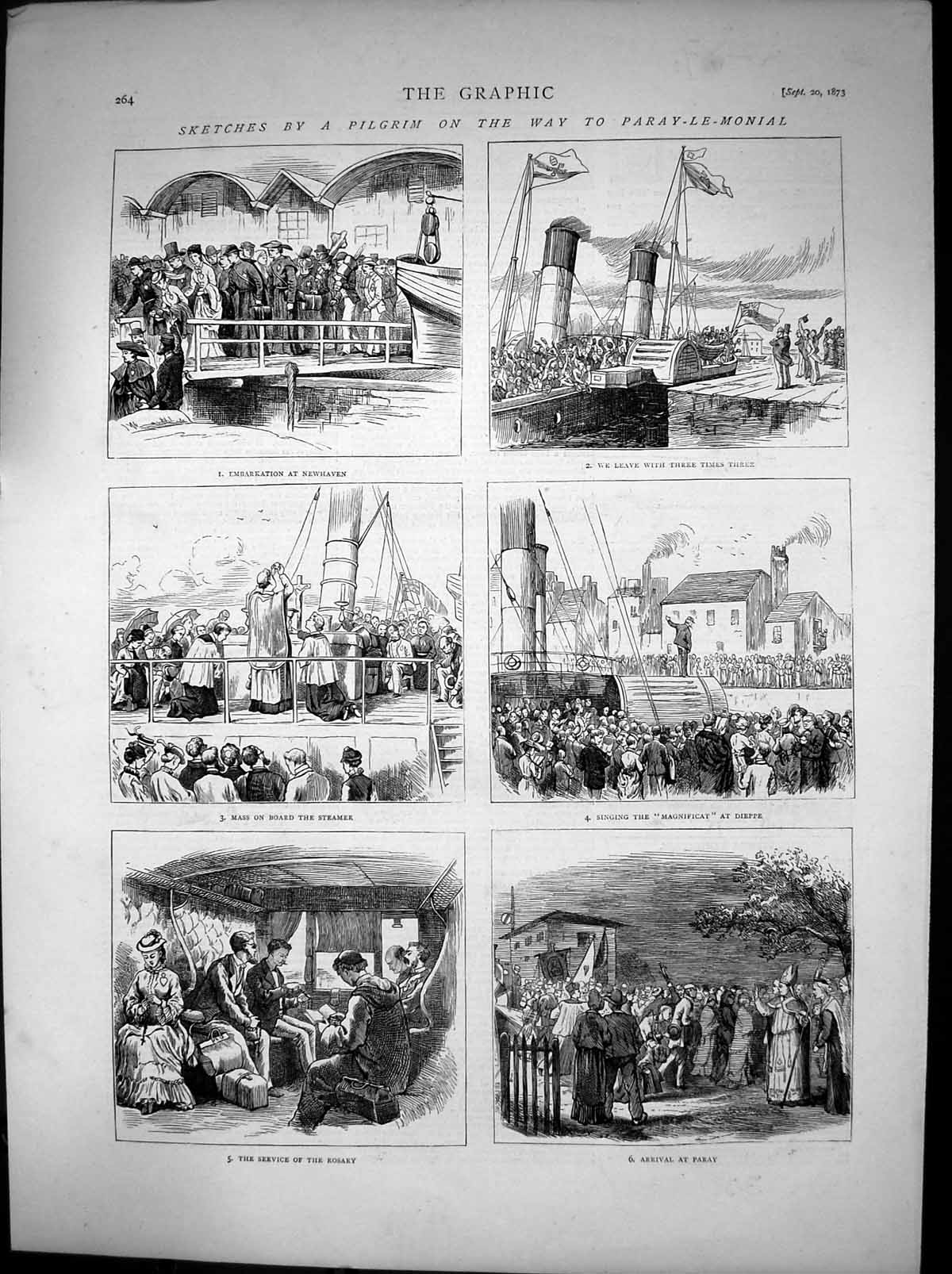 Antique Old Print Pilgrim Paray Le Mondial Newhaven Dieppe Mass Steamer 1873
