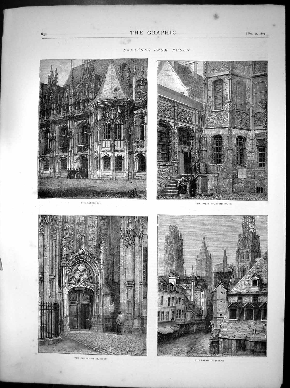 Old Antique Print Rouen Cathedral Church St Ouen Palais De Justice 1870 19th