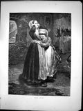 Original Old Antique Print Home Again Fw Lawson Woman Girl House Ruined 1870