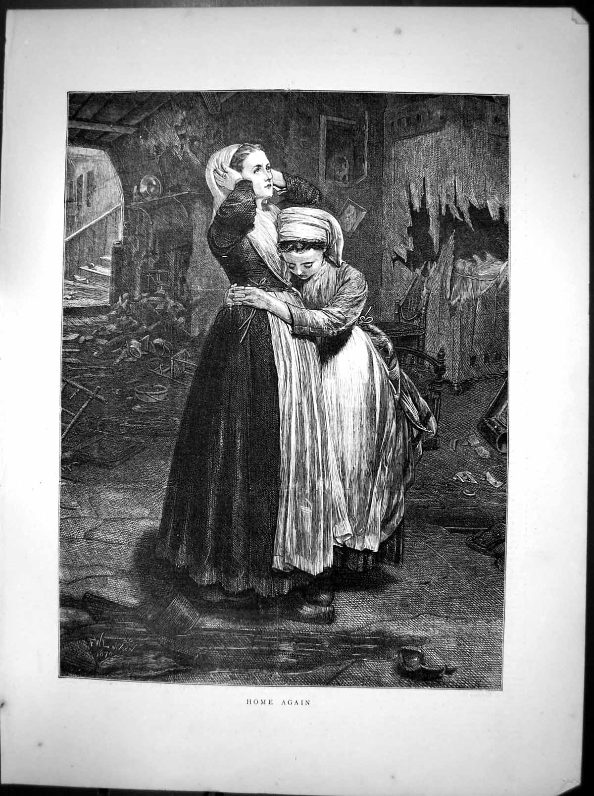 Original Old Antique Print Home Again Fw Lawson Woman Girl House Ruined 1870