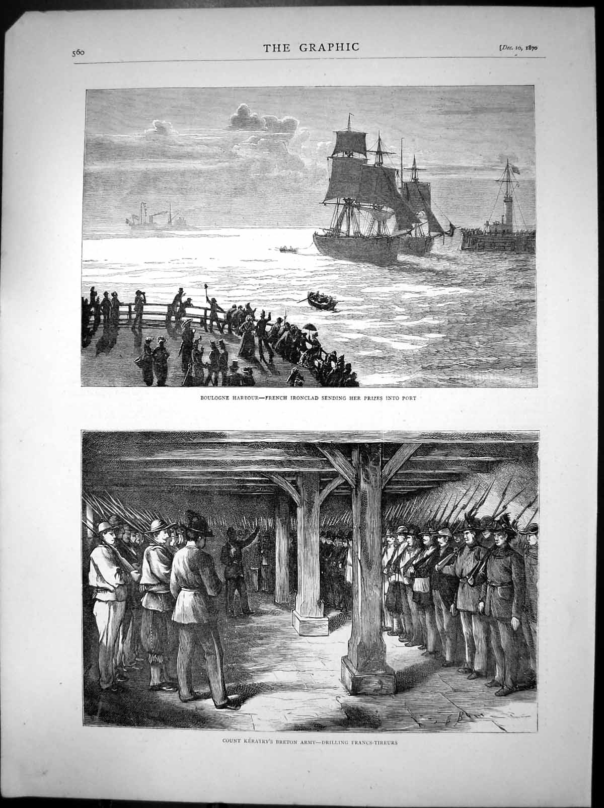 Original Old Antique Print Boulogne Harbour Count Keratrys Breton Army 1870