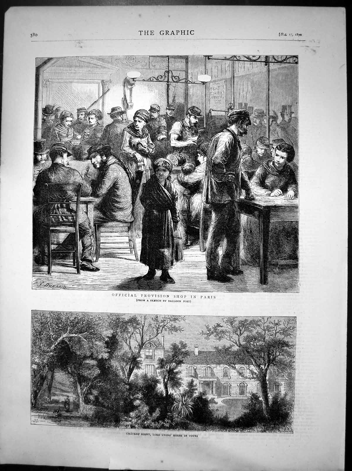 Old Antique Print Provision Shop Paris Chateau Rigny Tours Lord Lyon 1870 19th