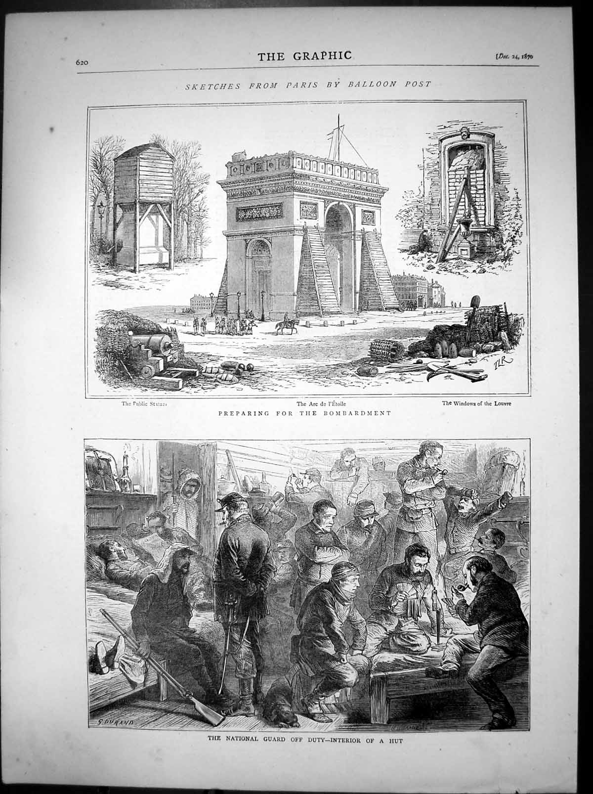 Original Old Antique Print Paris Preparing Bombardment National Guard Hut 1870