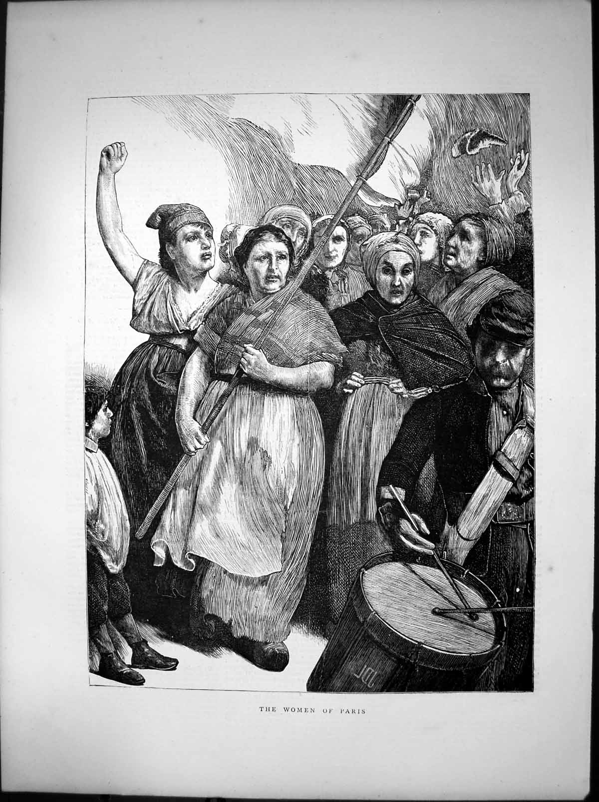 Original Old Antique Print Women Paris Officer Playing Drums 1871 Victorian