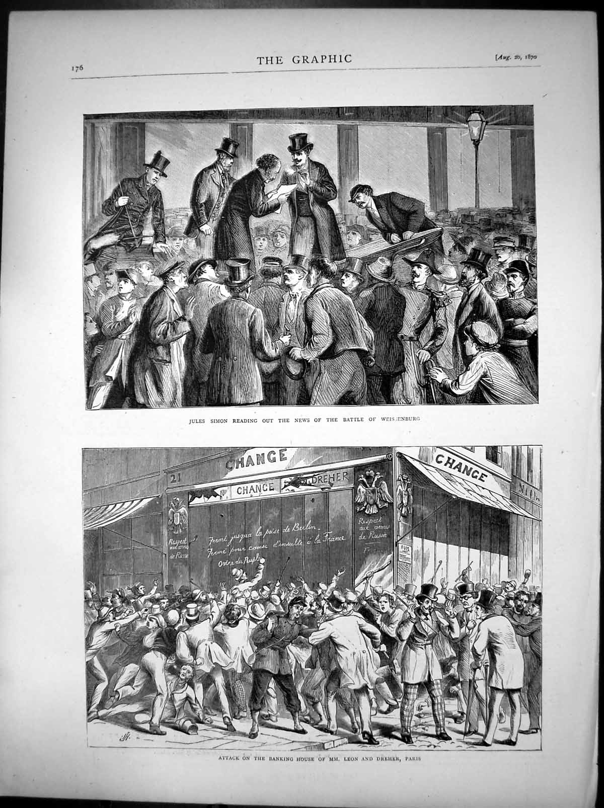 Antique Print Attack Banking House Jules Simon News Battle Weissenburg 1870
