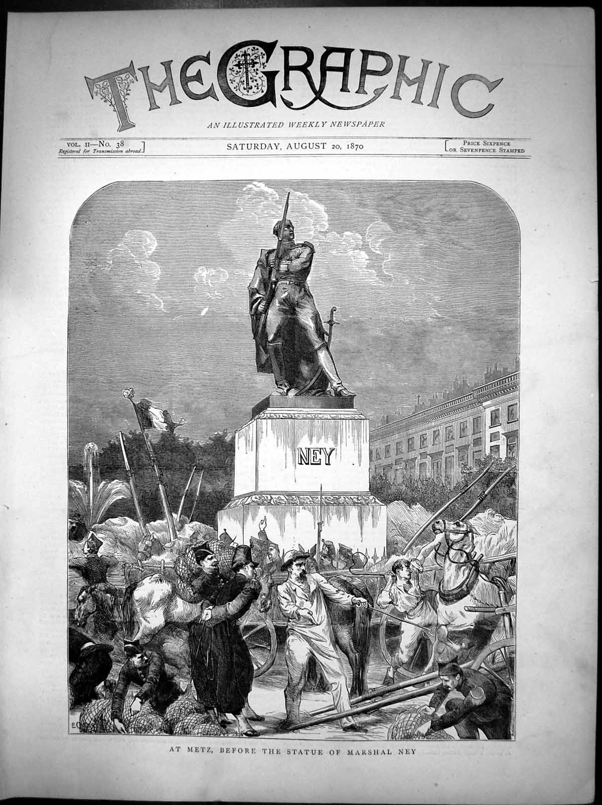 Original Old Antique Print Statue Marshal Ney Metz Crowds Around 1870 Victorian