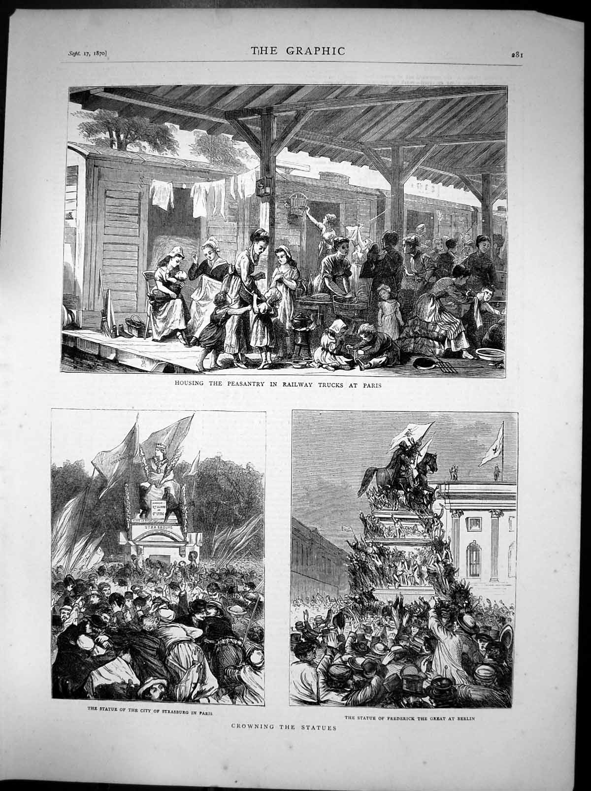 Antique Old Print Staue Strasburg Paris Frederick Great Statue Berlin 1870 19th