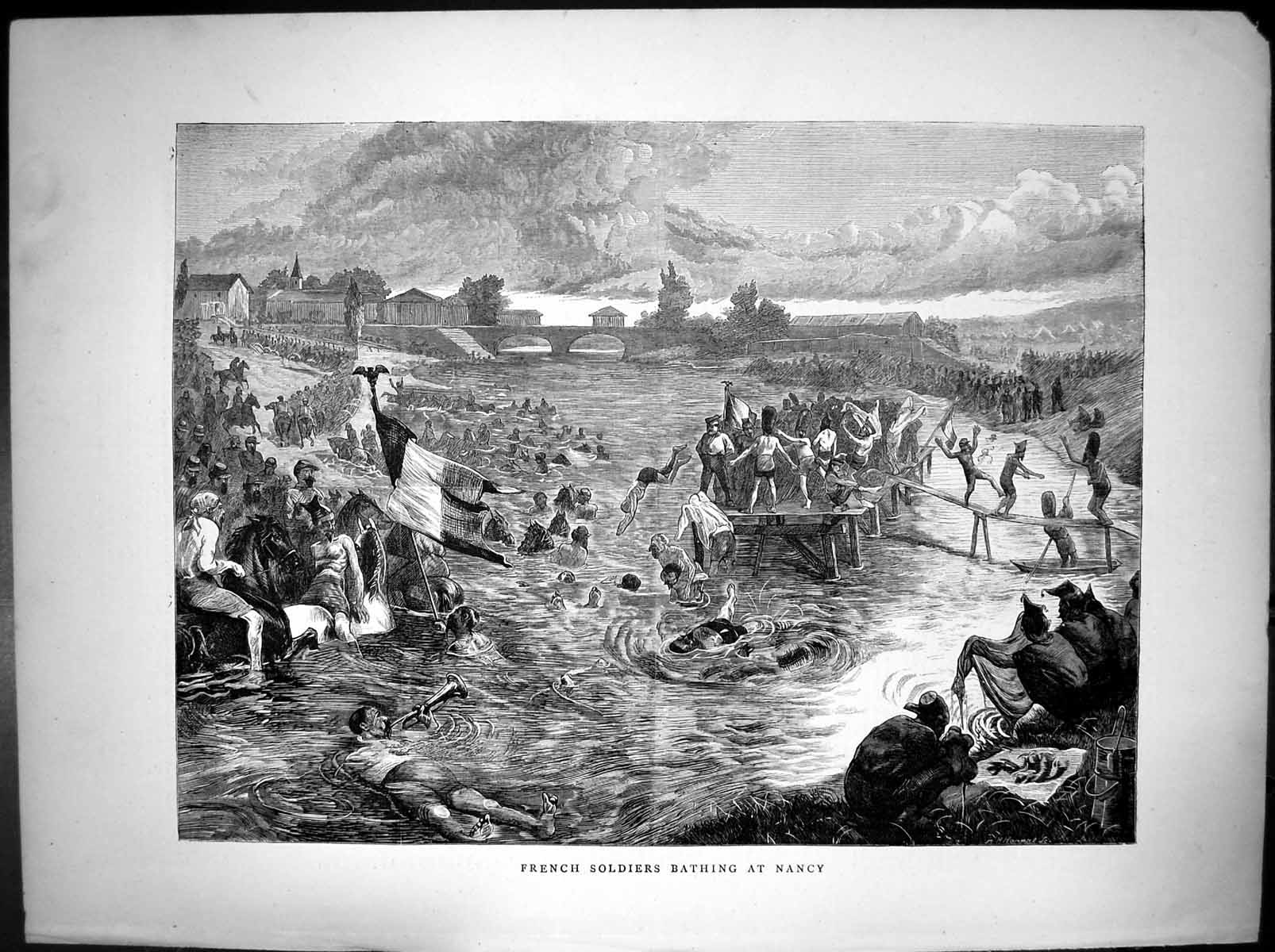 Original Old Antique Print French Siers Bathing Nancy River Bridge 1870 19th