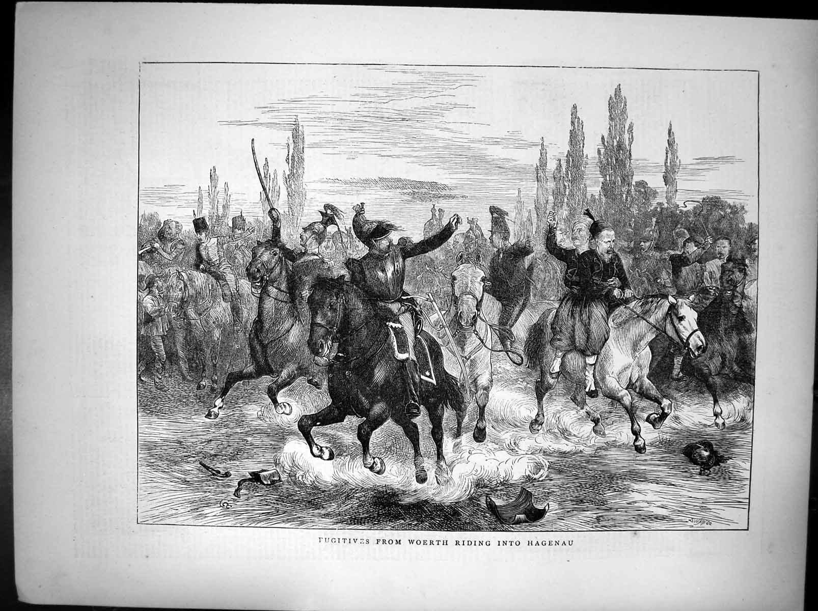 Original Old Antique Print Fugitives Woerth Riding Into Hagenau 1870 Victorian