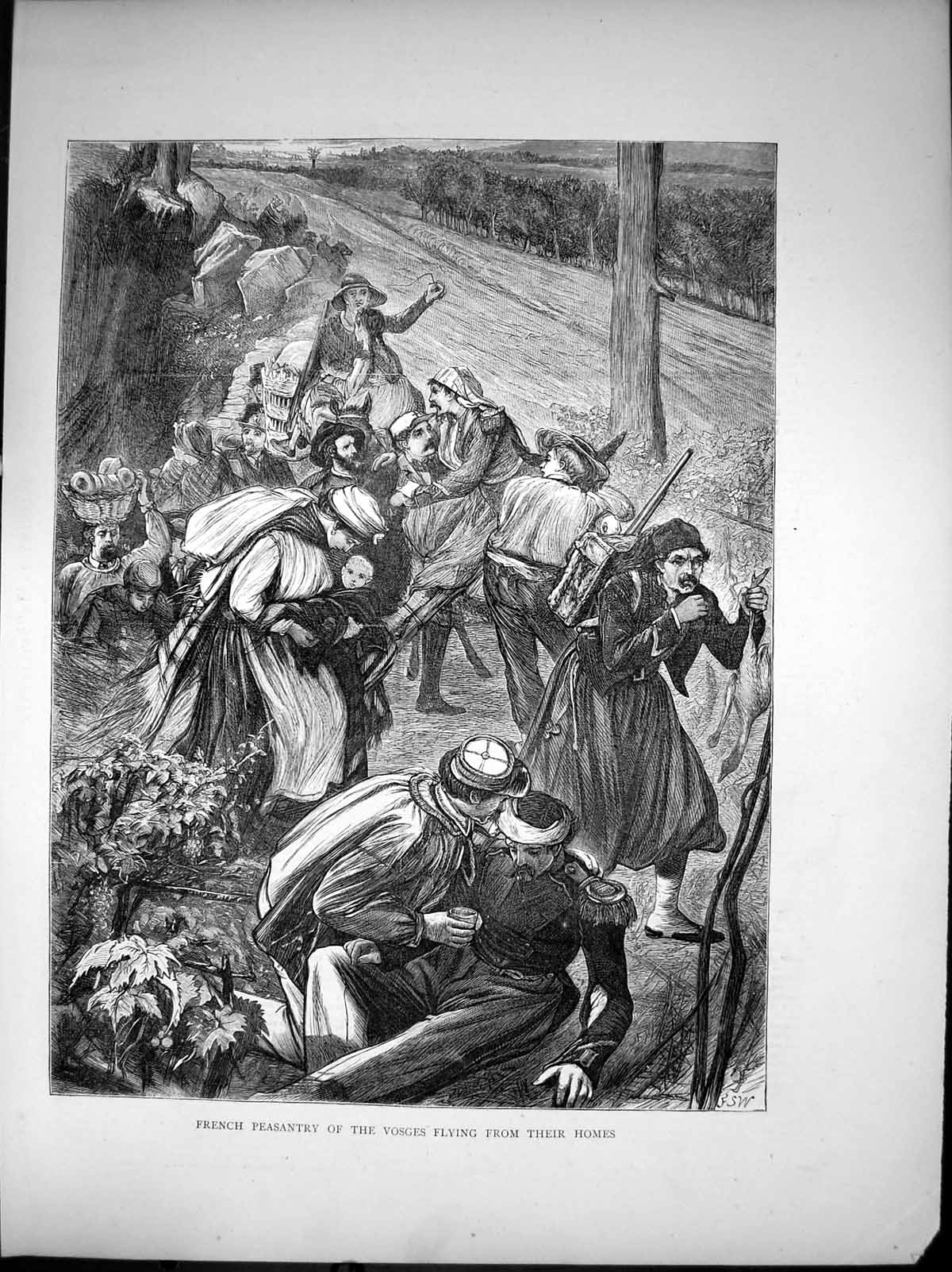 Original Old Antique Print French Peasantry Voges Flying Their Homes 1870 19th