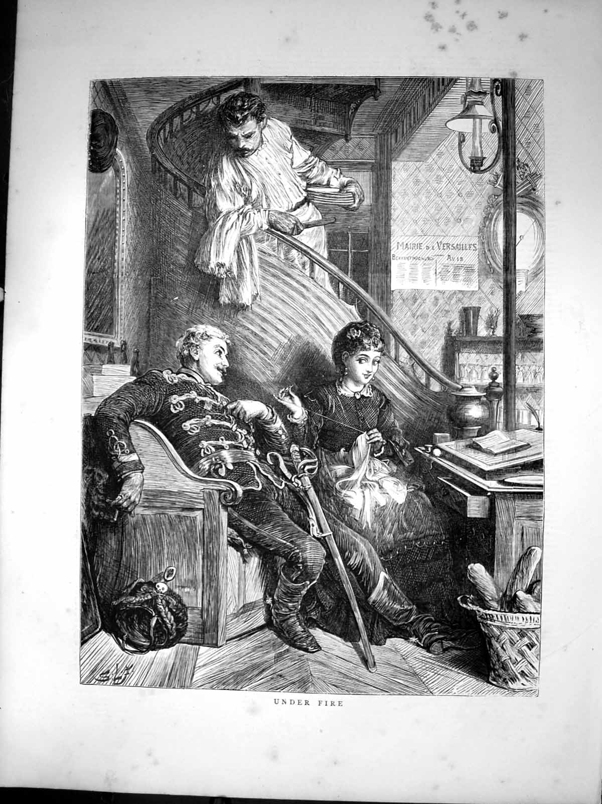 Old Antique Print Under Fire Sier Restaurant Woman Needlework Waiter 1871 19th