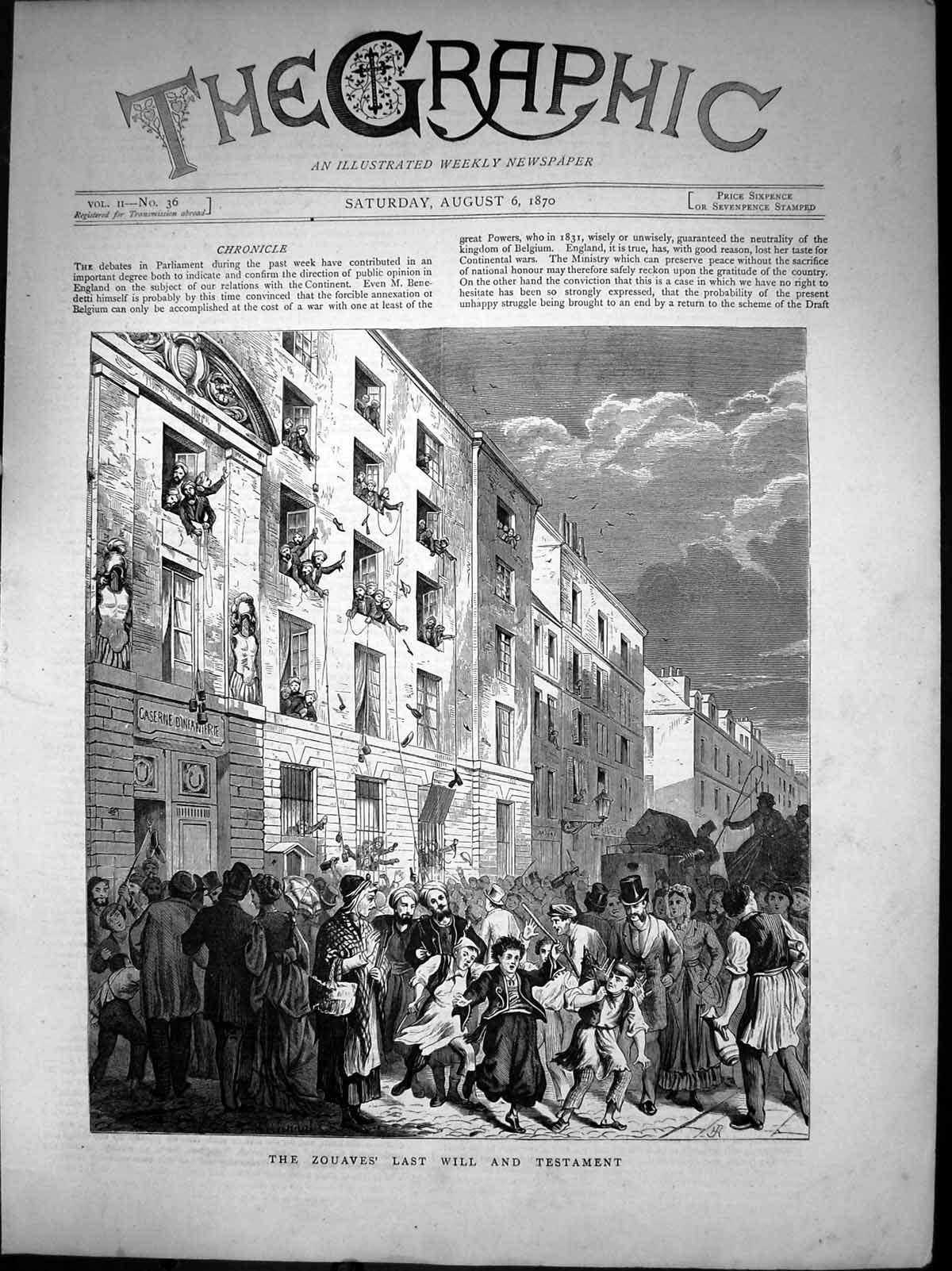 Antique Old Print Zouaves Last Will And Testament Caserne D'Infanierie 1870