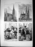 Antique Old Print Vienna St Stephens Cathedral Votive Church Fruit Stall 1873