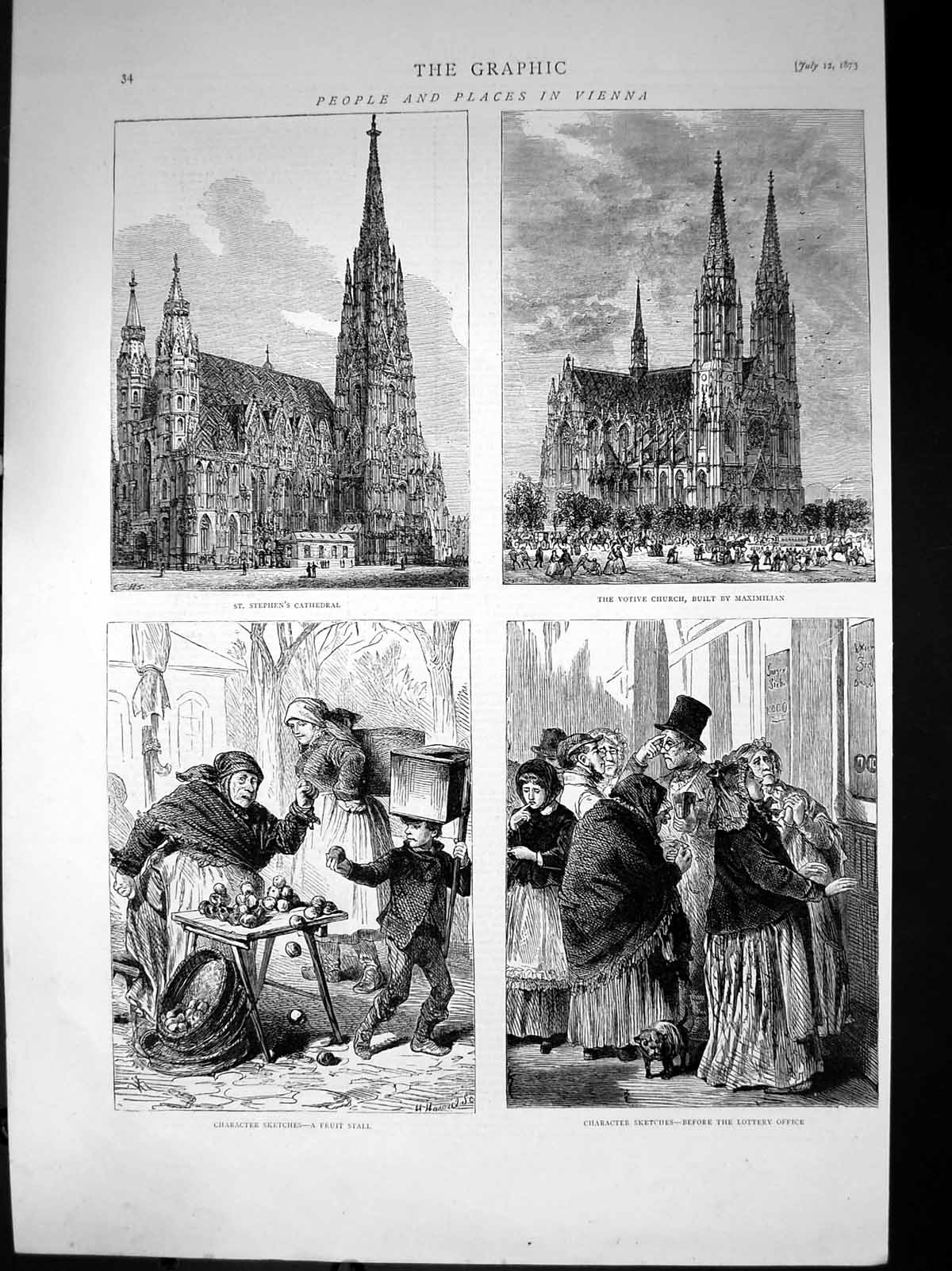 Antique Old Print Vienna St Stephens Cathedral Votive Church Fruit Stall 1873