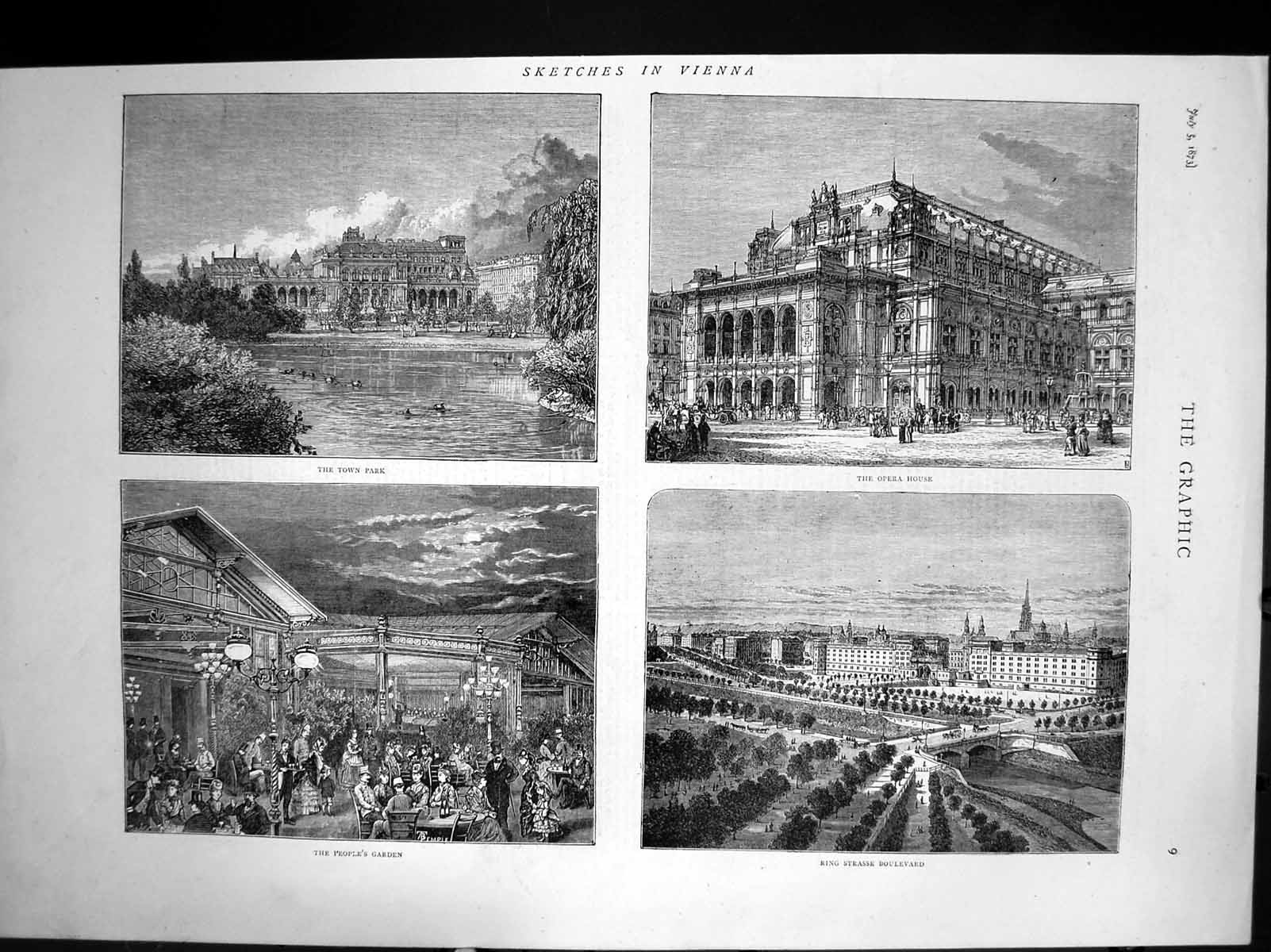 Antique Old Print Vienna Town Park Opera House Ring Strasse Boulevard 1873 19th
