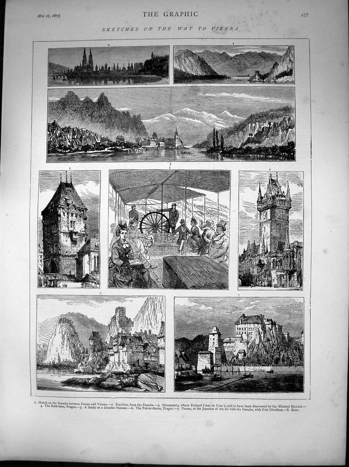 Antique Print Way Vienna Ratisbon Danube Rath Haus Prague Passau Enns 1873 19th