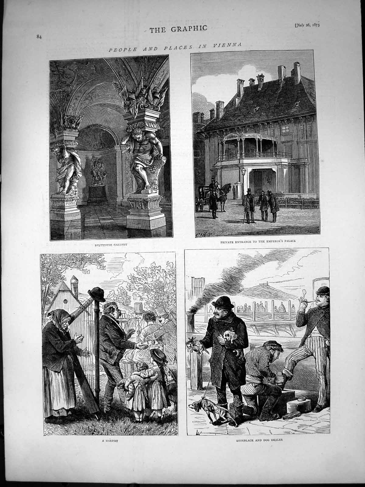 Old Print Vienna Belvedere Gallery Emperors Palace Harpist Shoeblack 1873 19th