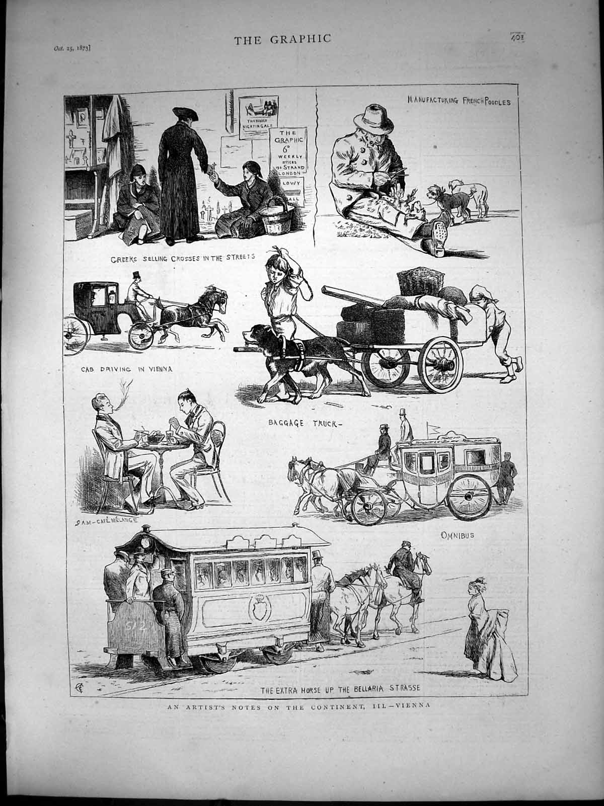 Old Print Vienna Greeks Selling Crosses Street Omnibus Cafe Melange 1873 19th