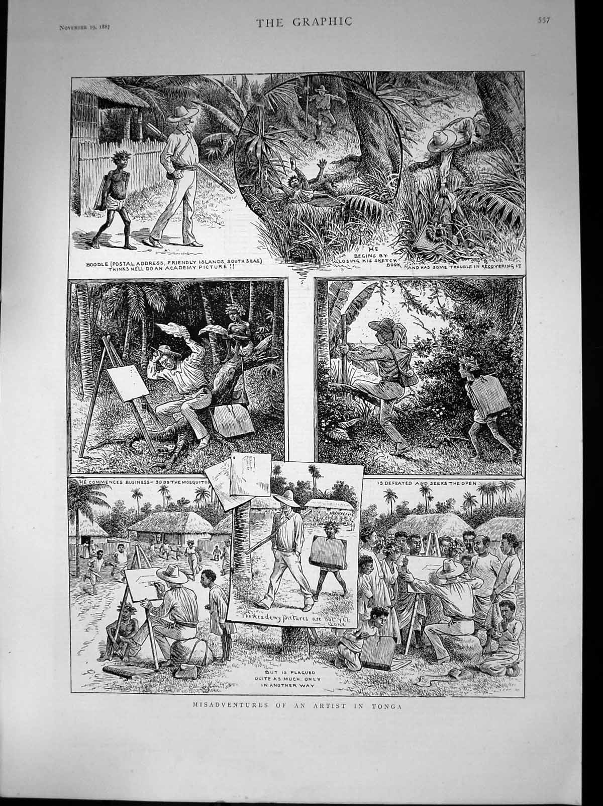 Antique Print Misadventures Artist Tonga Mosquitos Surrounded Natives 1887 19th