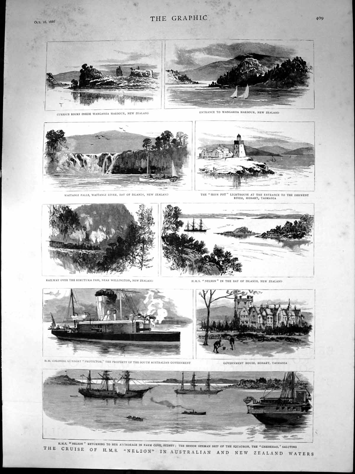 Antique Print Cruise Hms Nelson Australian New Zealand Waters Wangaroa 1886