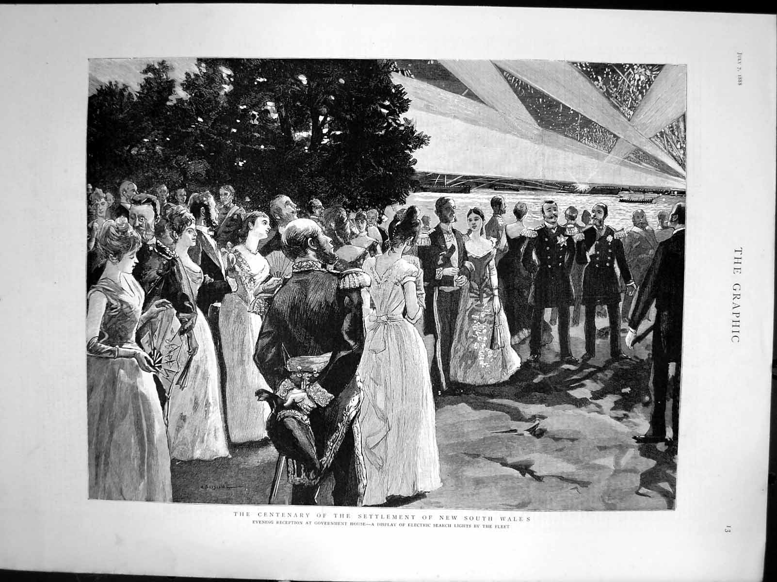 Antique Old Print Centenary Settlement New South Wales Evening Reception 1888