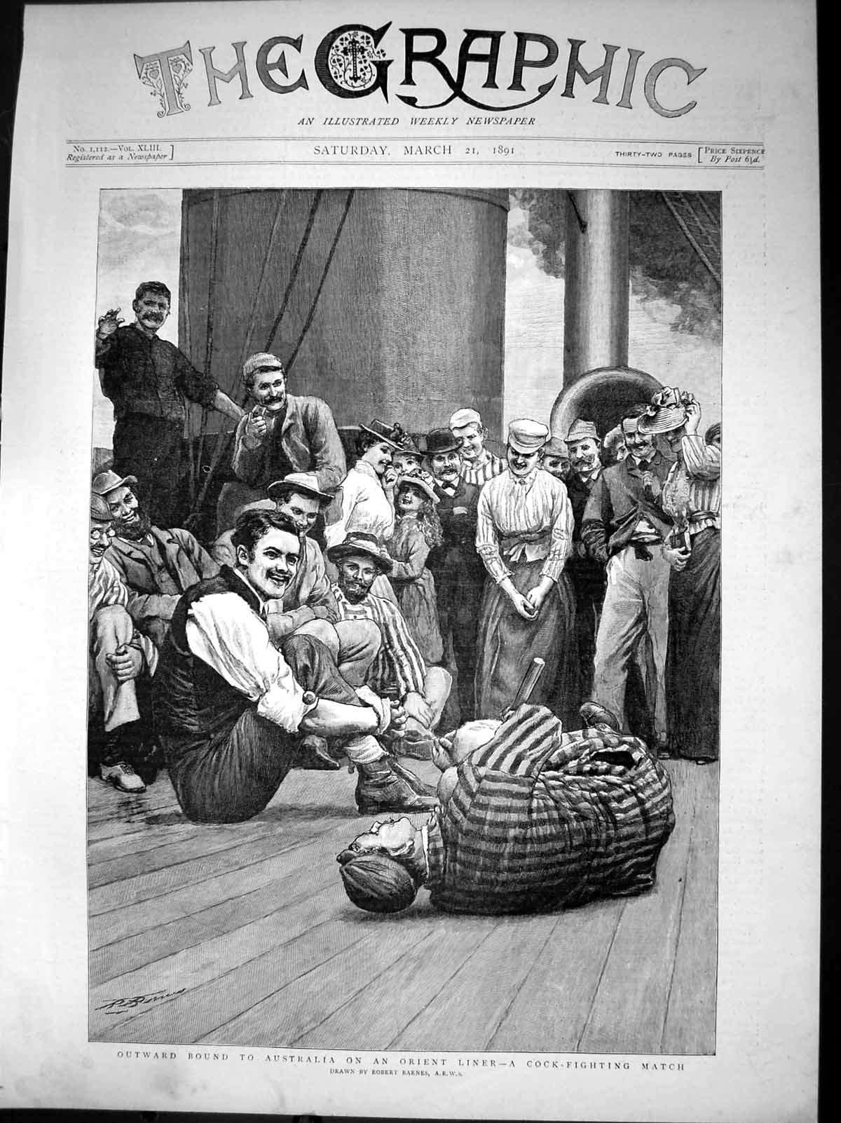 Antique Print Outward Bound Australia Orient Liner Gamecocks Match 1891 19th