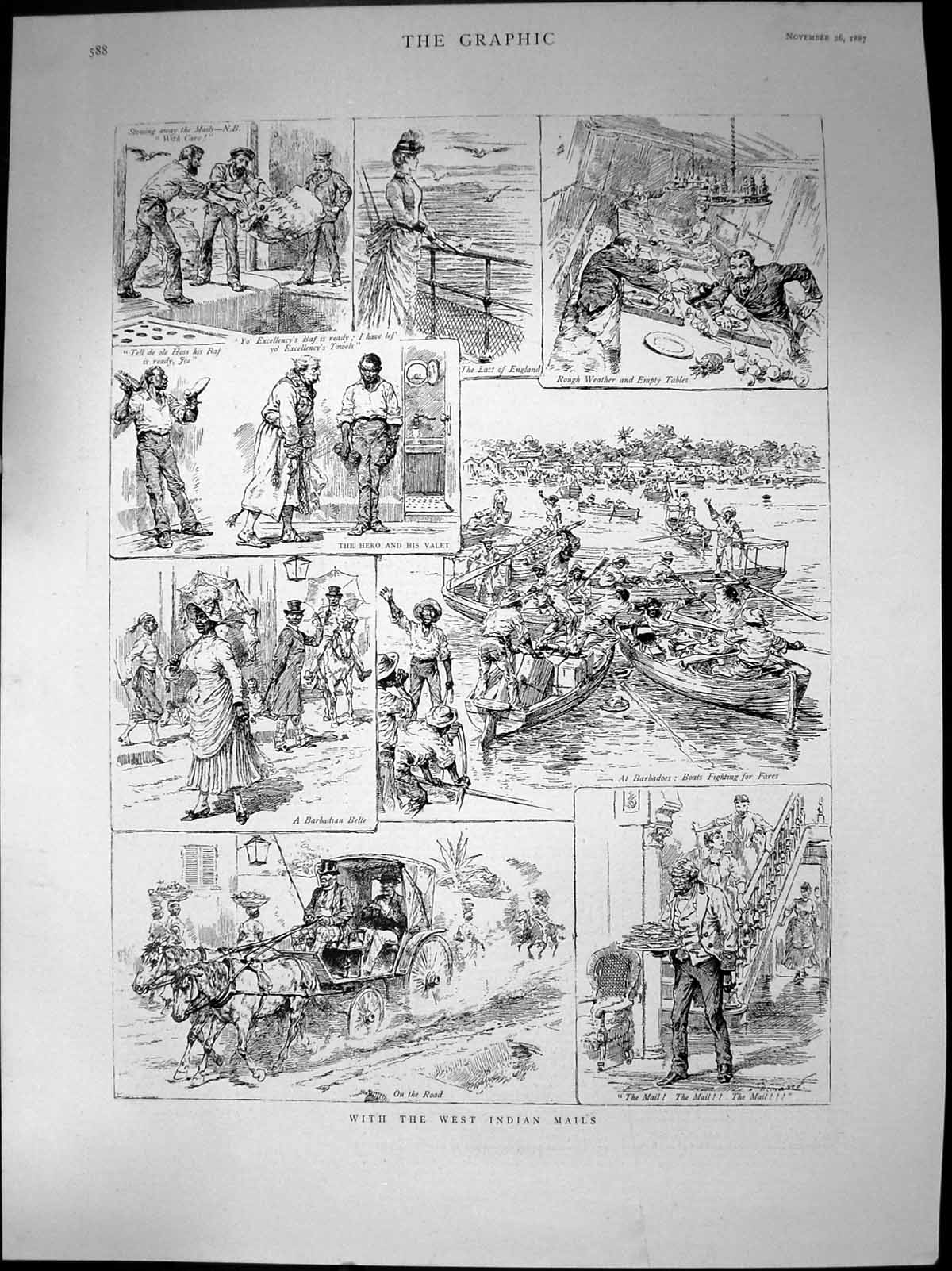 Old Print With West Indian Mails On Road Barbadian Belle Hero Valet 1887 19th