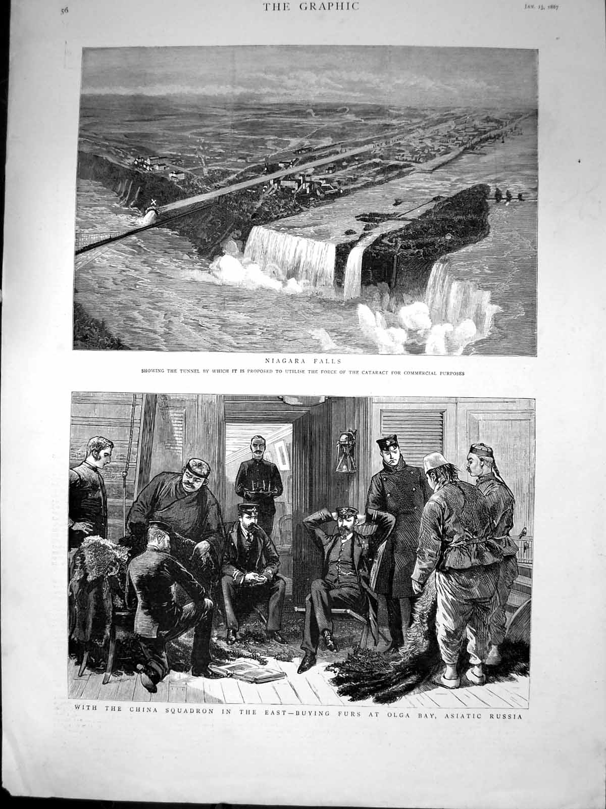 Antique Print Niagara Falls Tunnel China Squadron Buying Furs Olga Bay 1887
